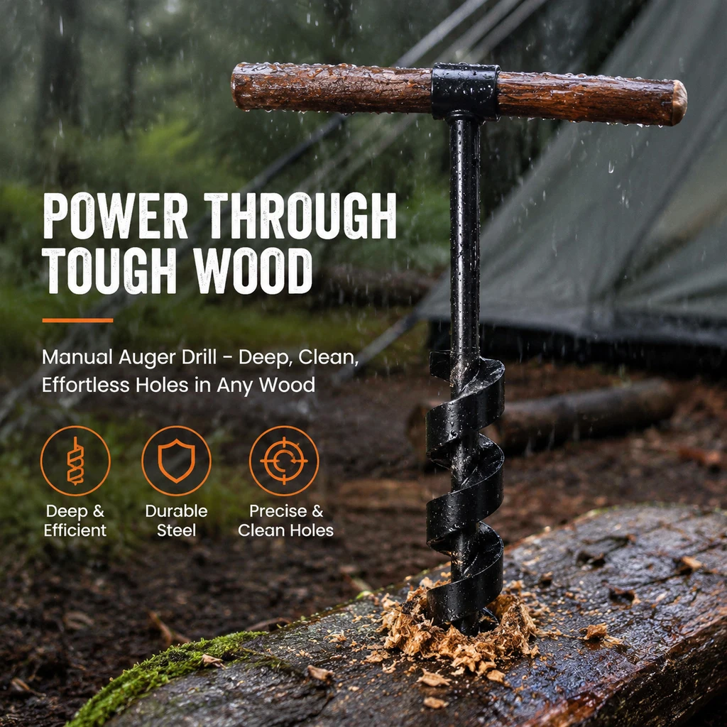 Manual Hand Auger Drill Bit Set Carbon Steel Self-Tapping Wood Hole Punch Camping Bushcraft Survival Woodworking Drilling Tool
