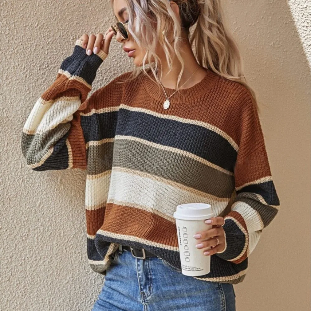 الملابس النسائية طاقم الرقبة سترة كل مباراة فضفاضة أسلوب بسيط يسحب فام الكلاسيكية مخطط طويل الأكمام البلوز مريحة #3