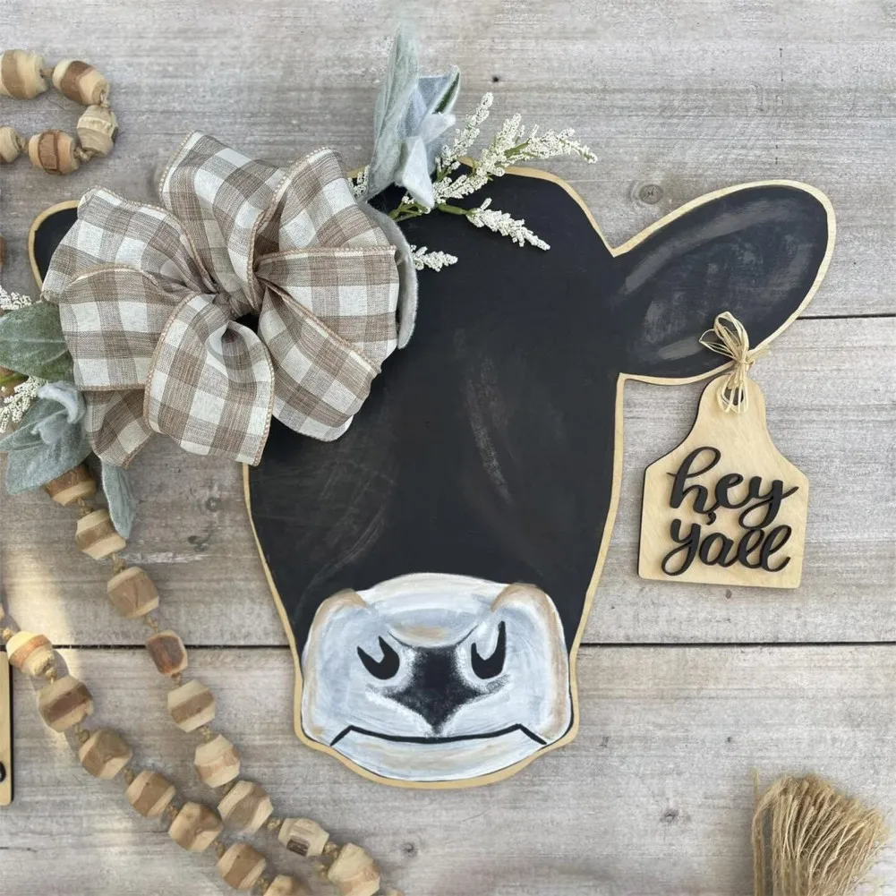 

Farmhouse Cow Head Door Wreath Sign Rustic Wooden Calf Front Door Hanger Buffalo Plaid Burlap Bow And Artificial