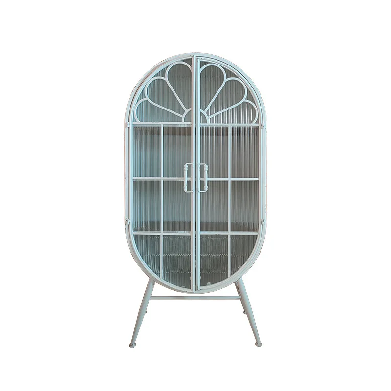 

Винтажный напольный винный шкаф-витрина из кованого железа в форме полукруга с вертикальными стеклянными дверцами для завтрака