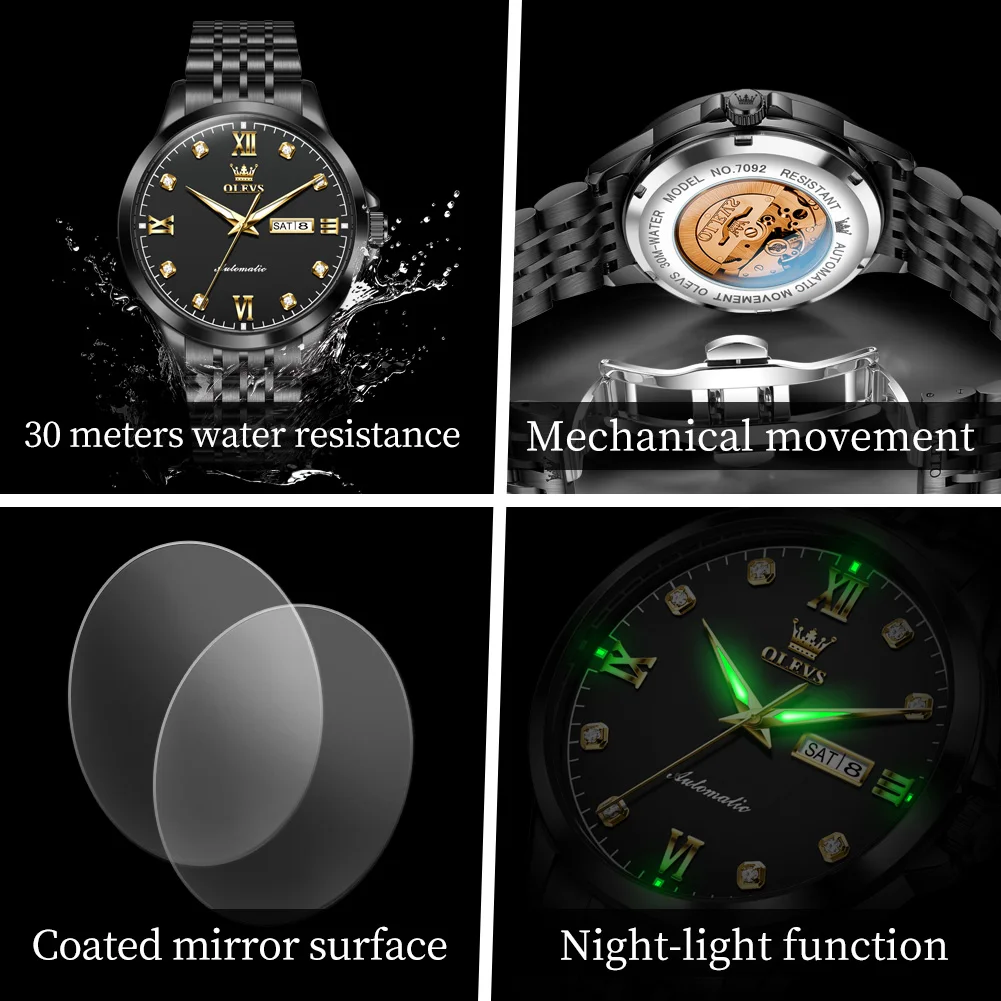 ساعات رجالية أصلية ماركة OLEVS مقاومة للماء من الفولاذ المقاوم للصدأ المضيء بتقويم مزدوج للأعمال ساعة ميكانيكية أوتوماتيكية للرجال #4