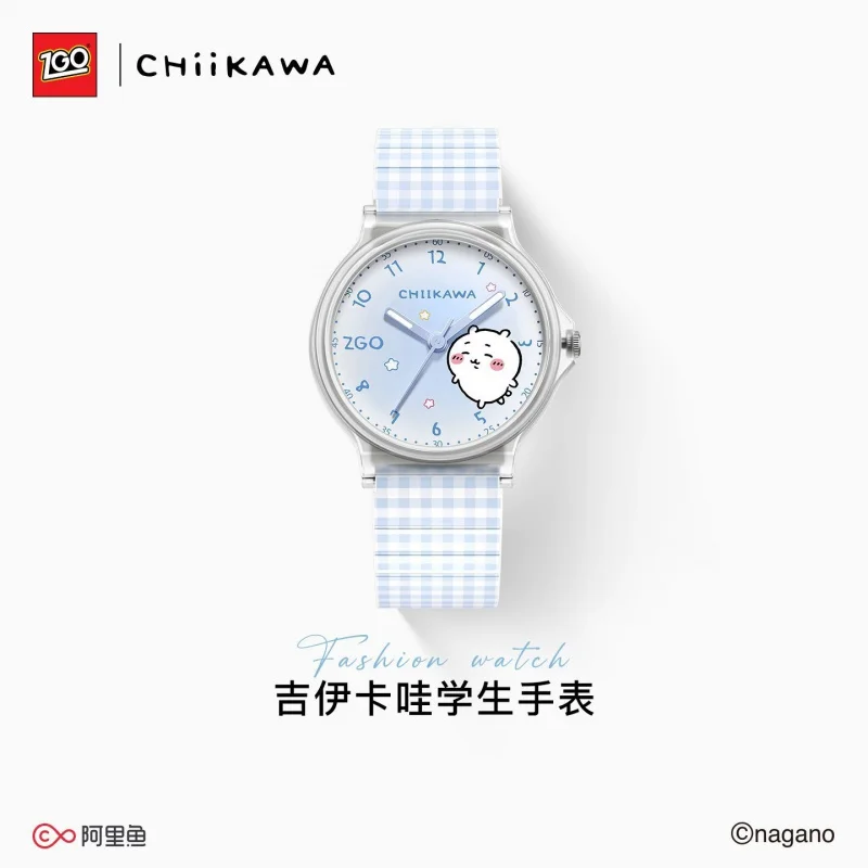 

Детские кварцевые часы Kawaii Chiikawa, милые аналоговые наручные часы с рисунком Hachiware, синий клетчатый ремешок для студентов, девочек и мальчиков, для школы и повседневной носки