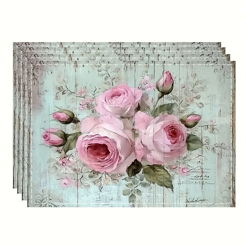 Four Pack Pink Rose Vintage Placemats Shabby Chic Design Washable Linen Table Mats Romantic Dinner Kitchen Decor