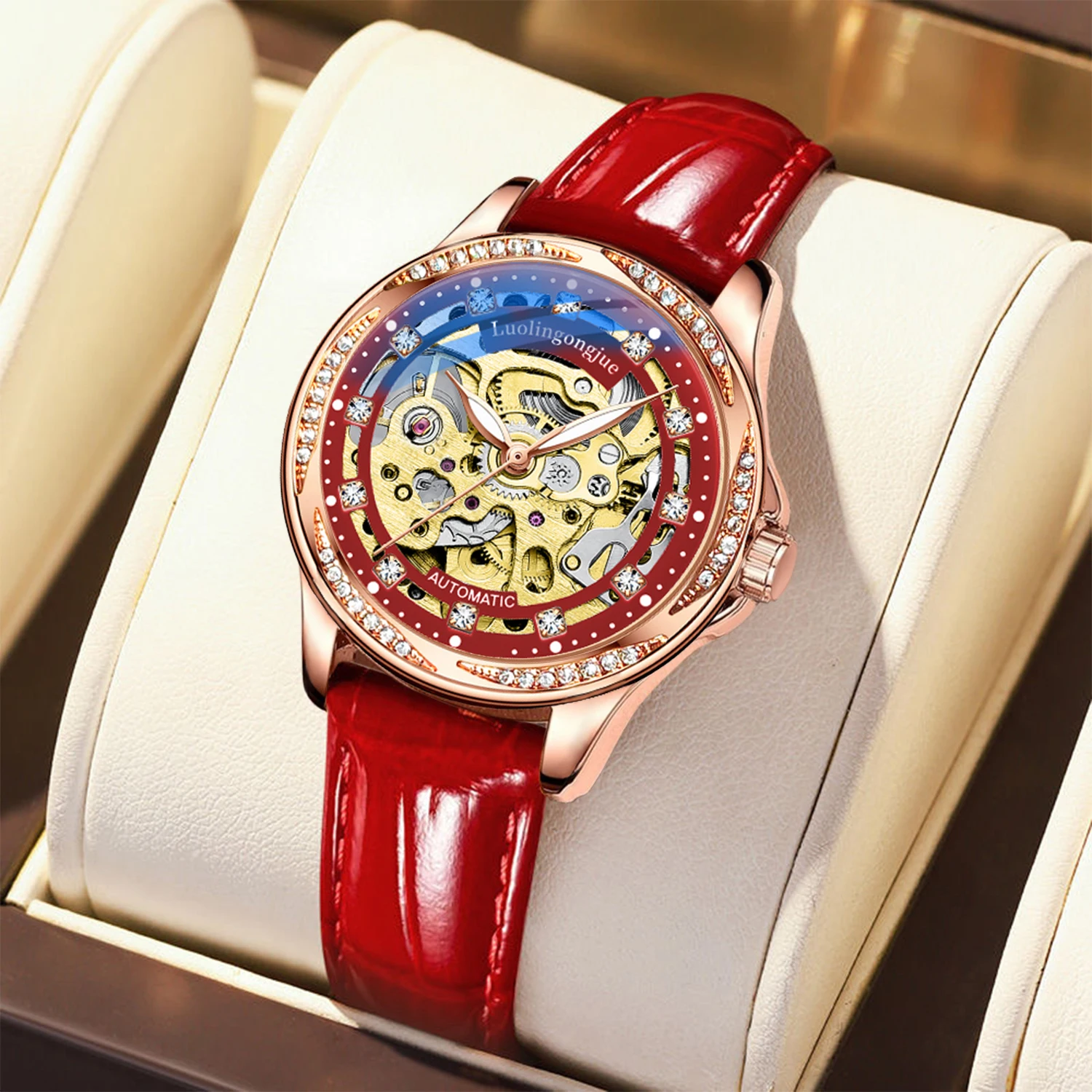 Business Women's Watch with Hollow Design and Diamond Inlays, Fully Automatic Mechanical Watch, Luminous, Waterproof, Simple and Trendy Women's Watch, Fashionable and Elegant Style, Women's Watch for Gift-Giving