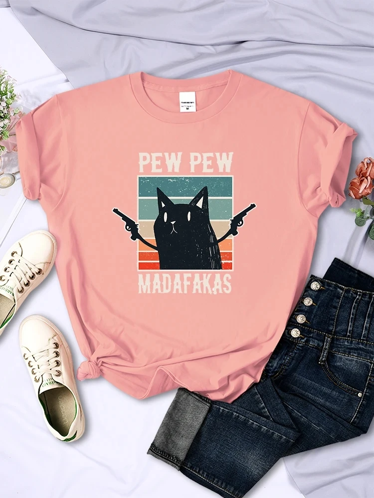 Pew Pew Madafaks Cute Funny Women T-Shirts Fashion Casual Clothing Cat Print Harajuku Short Sleeve O-Neck Street Female Top