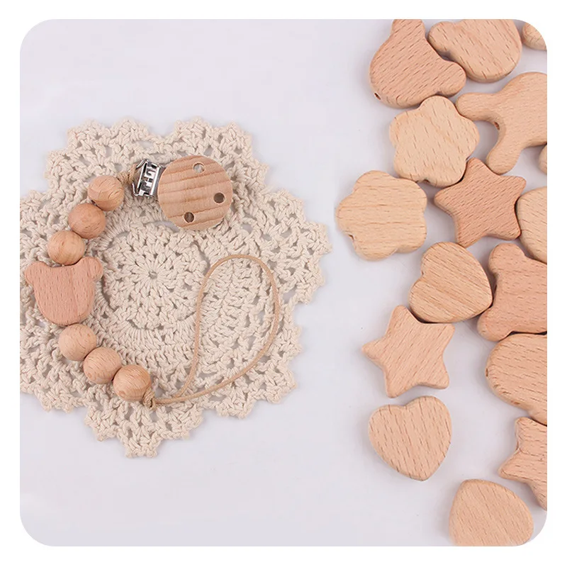 10Pcs Beech Wooden Beads Heart Star Shape Baby Teether Beads for DIY Necklace Pacifier Chain Crafts Jewelry Making