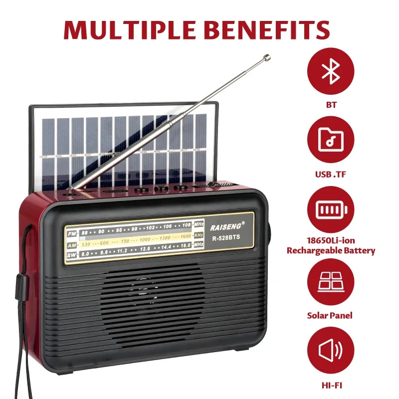 

Portable Retro Emergency Radio Vintage Solar Charging FM AM SW Radios Receiver Wireless Bluetooth Speaker with TF Card USB Port