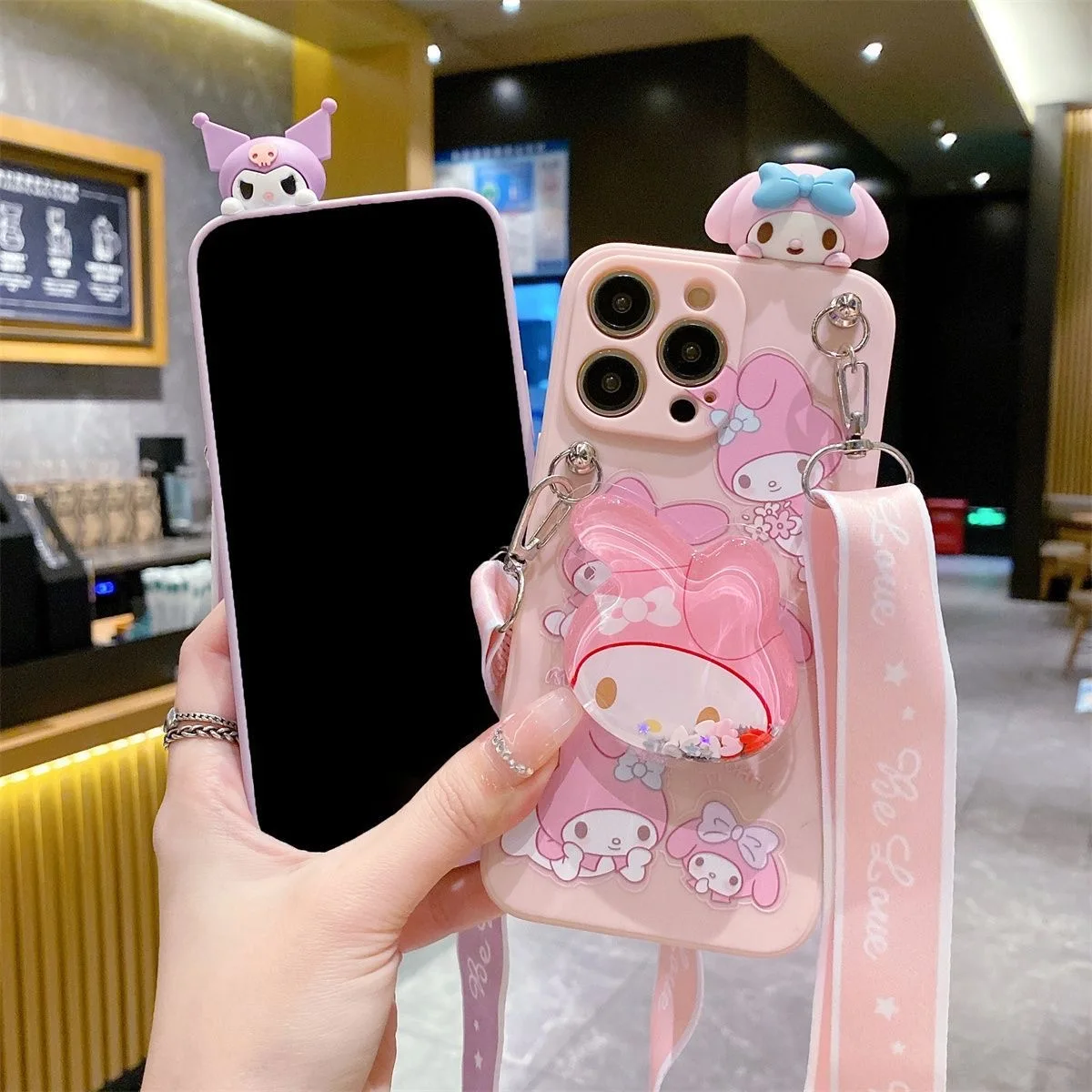 3D Kawaii My Melody Kuromi with Lanyard Phone Case for IPhone 15 14 13 12 11 Pro Max Mini X XR XS MAX Back Cover Y2k Girl Gift