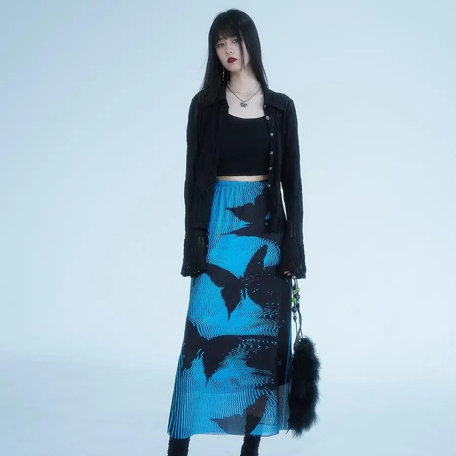 

Harajuku Blue Printed Mesh Long Skirt Women 2025 Summer Vintage High Waist Slim A-line Skirts Y2k Street Юбка