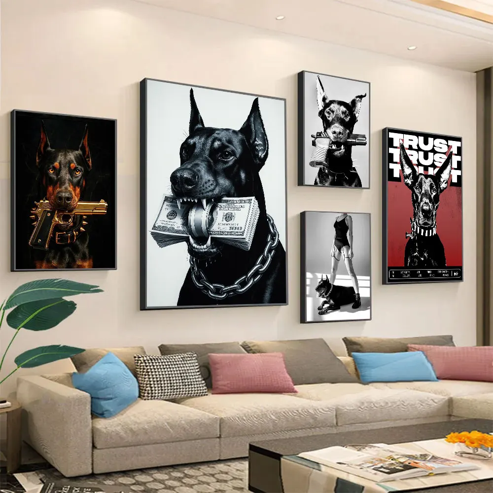 Modern Fashion Black Doberman Dog with Pistol Animal Posters Canvas Painting Print Room Home Bar Cafe Room Wall Decor