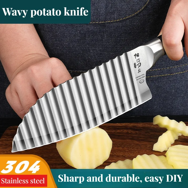 BAKULI-304 Stainless Steel Wolf Tooth Potato Cutter, Kitchen Wave Knife, Commercial Fancy French Fry Cutter knife