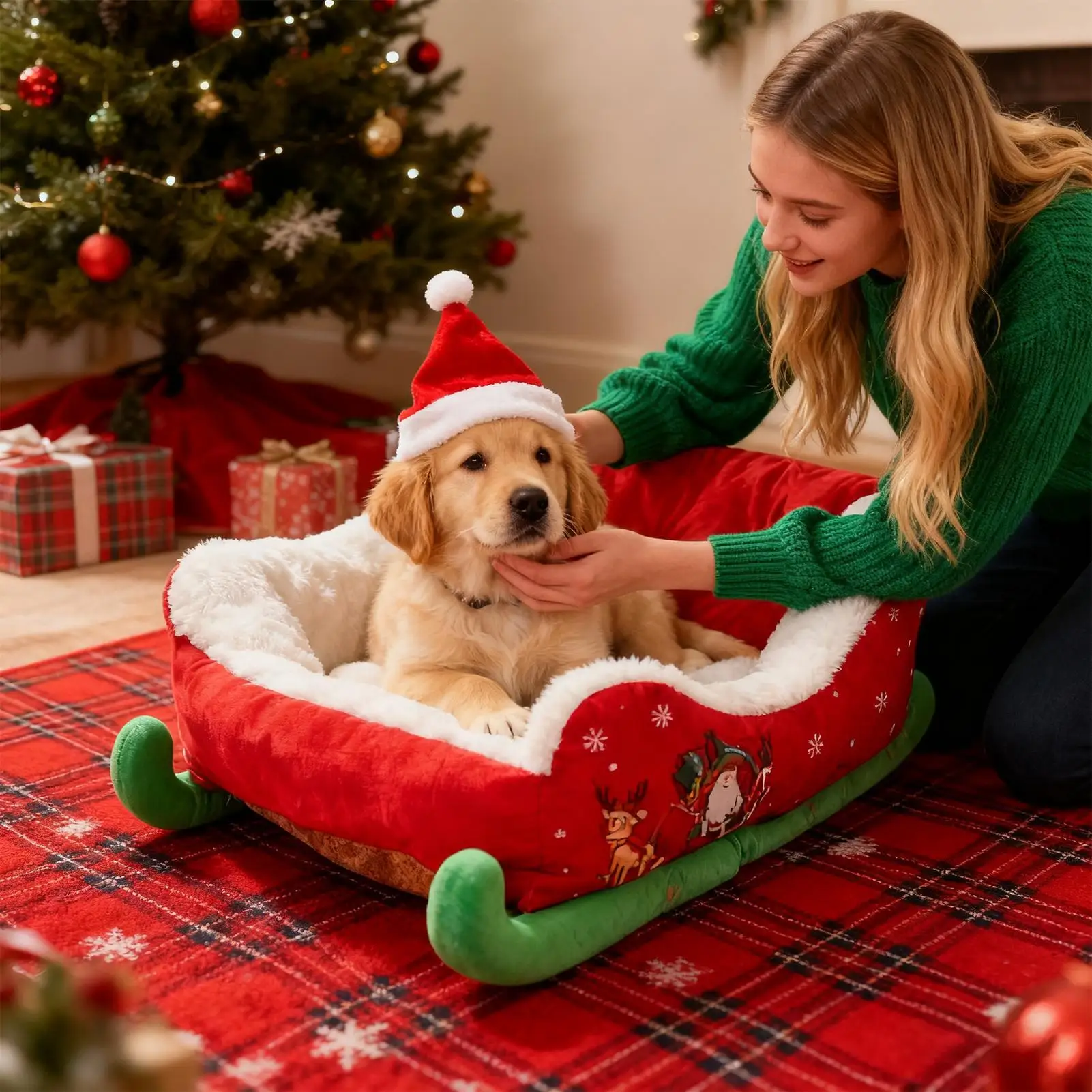 

Рождественский моющийся диван-кровать для собак, гнездо, кровать для собак, санки, гамак для кошек с противоскользящим дном для маленьких и средних кошек, собак, рождественский декор