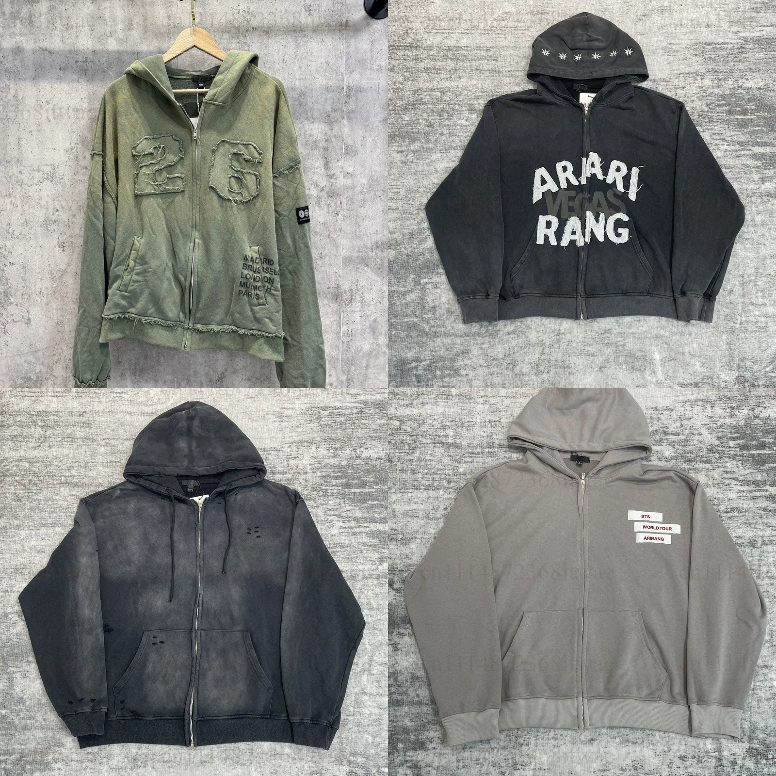 2026 Arirang Tour Washed Green Zip Up Cropped Hoodie Raw Cut Patch Number Decoration Loose Casual Street Style Fans Jacket