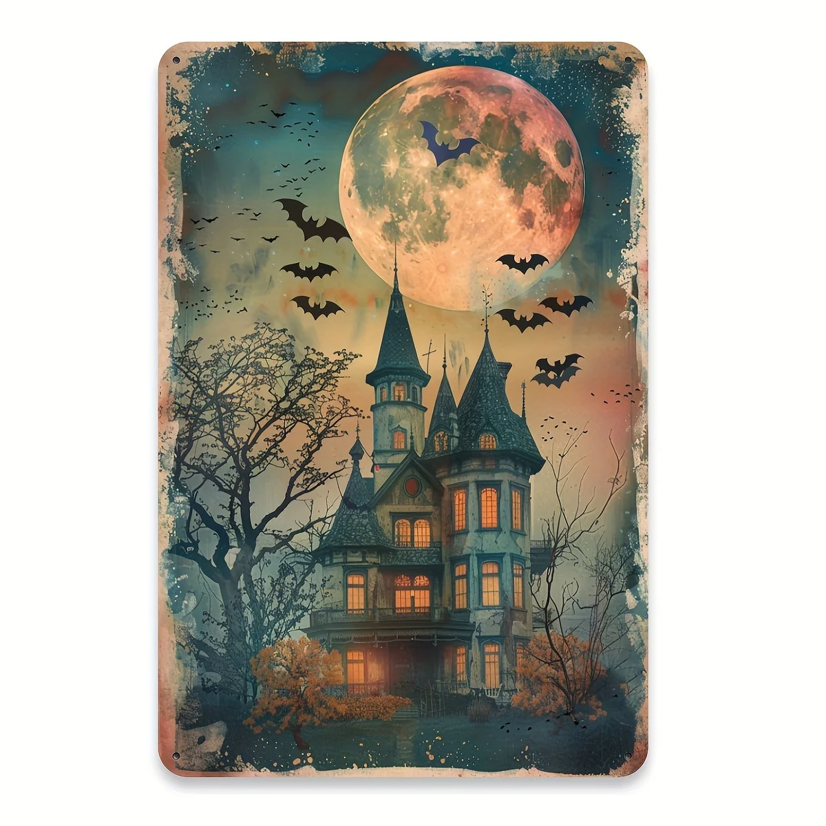 Haunted House Vintage Metal Tin Sign, 1pc Gothic Art Style Mysterious Halloween Wall Art Decor, Iron Foil Engraving for Living R
