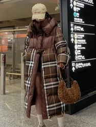 Dames donsjack Winterjas Vrouwelijke Koreaanse mode Plaid Patchwork Outerwears Verdikte losse warme sneeuw Lange pufferjassen