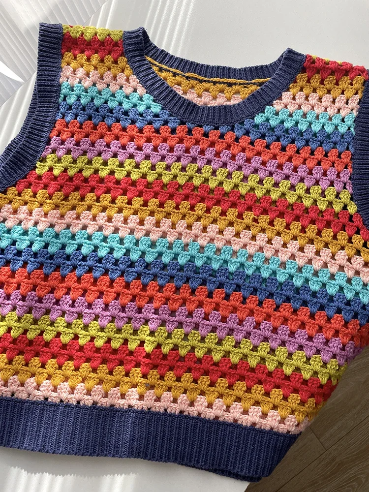 Handmade Rainbow Color Stripe Vest Women Summer Sleeveless Hollow Out Crochet Knitted Fashion Tops