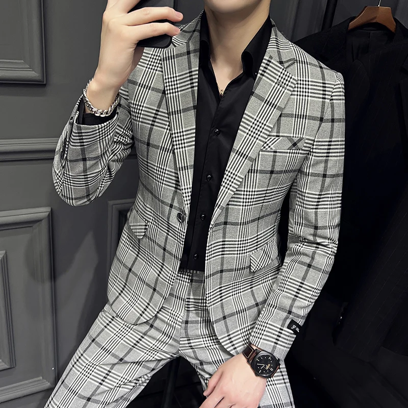 

Luxury Men Slim Fit Check Suit Men Business Office Formal Suits 2 Pcs Set Blazers Pant Casual Wedding Social Tuxedo Dress Homme