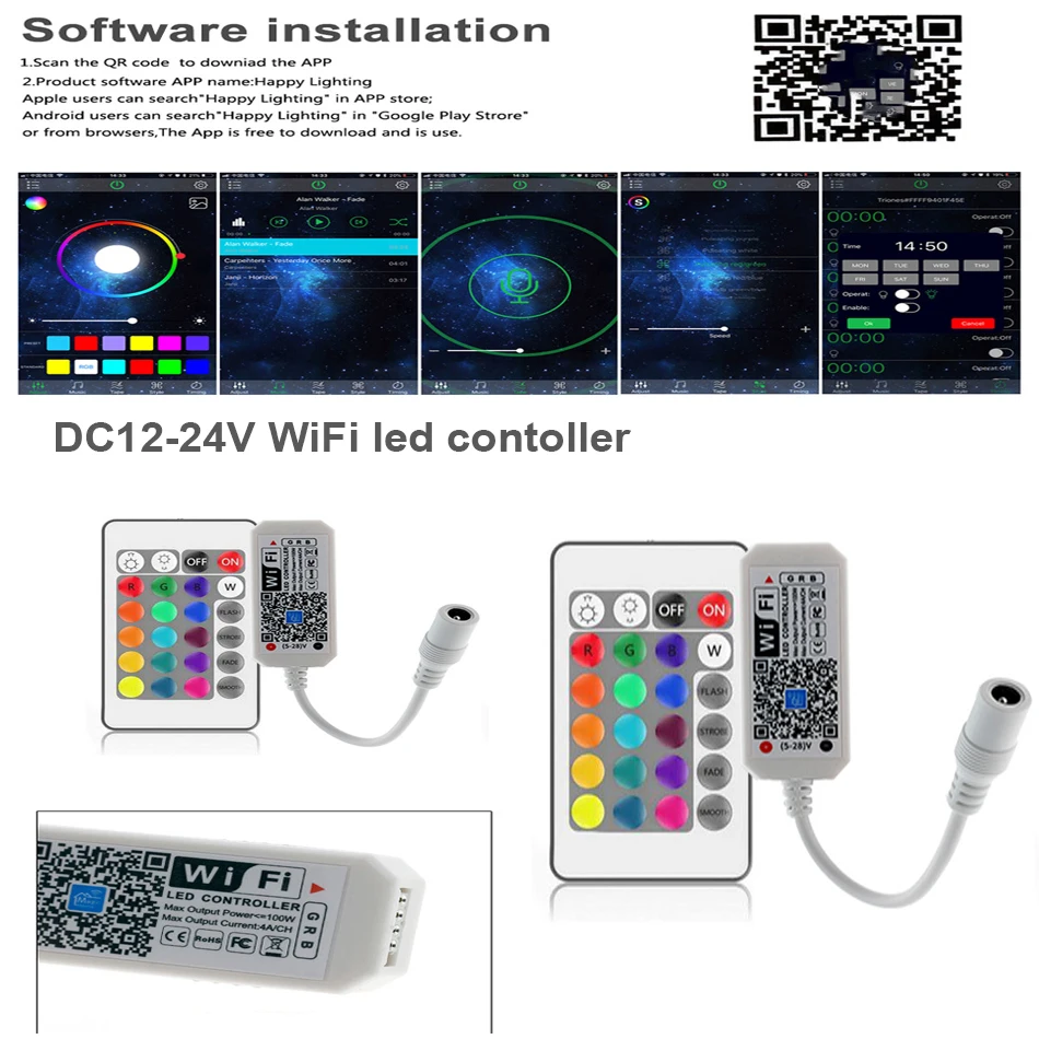 Controller per strisce LED RGB WIFI con adattatore di alimentazione 12V 2A suono musicale controllo smartphone AC220V spina US EU per luce LED RGB