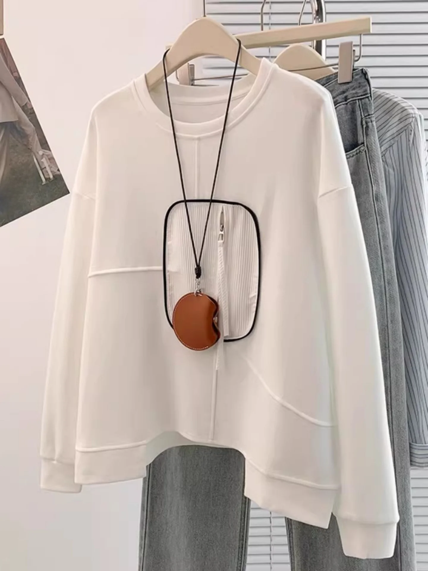 

Ele White Long Sve Hoodie Women's Unique round Ne Spring Loose Fit Casual Sli Outfit plus Size Faionable