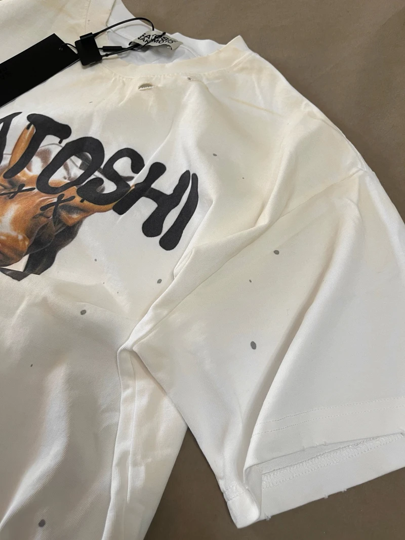 Oversize Cotton Men Women Streetwear Distressed Washed Worn Hole SATOSHI Tshirts Letter Logo Cow Print Round Neck Short Sleeve