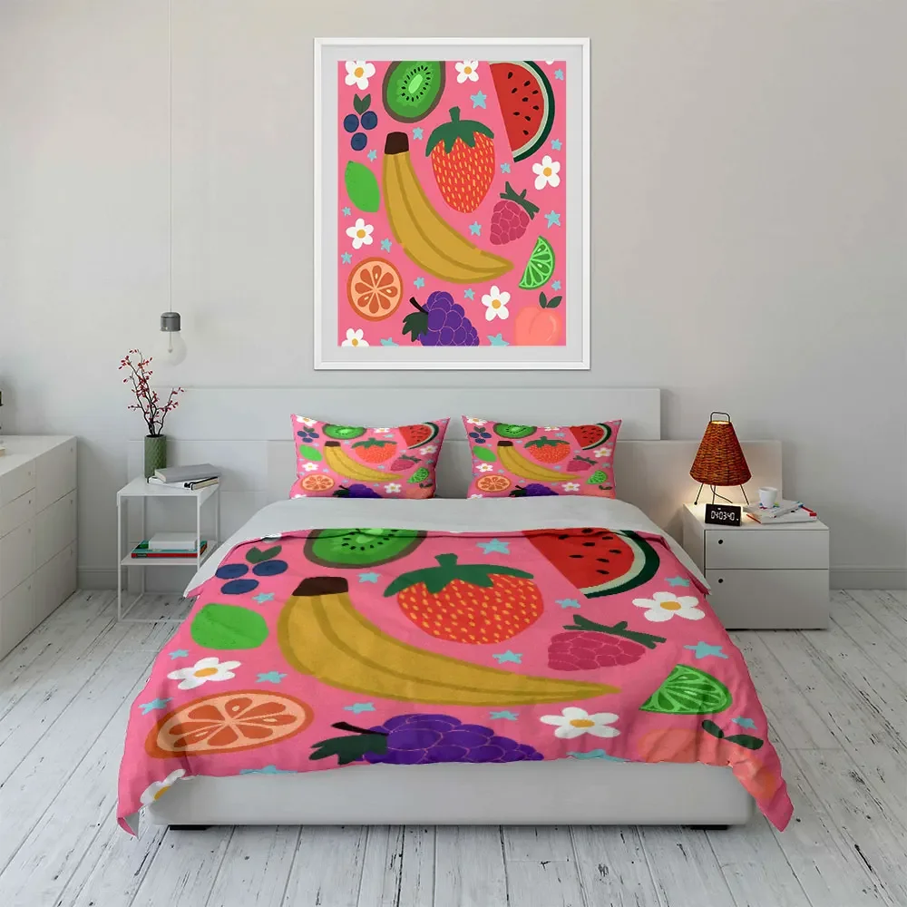 Colorful Fruit Decor Set Bedding Set with 1 Duvet Cover 2 Pillowcases Single Double King Queen, Gift