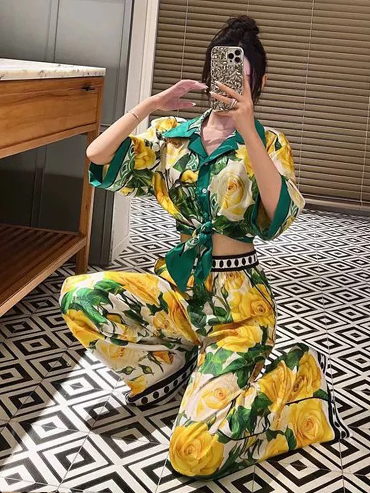 Retro summer new yellow rose print lapel short sleeve short shirt high waist wide leg casual trousers fashion two-piece suit.