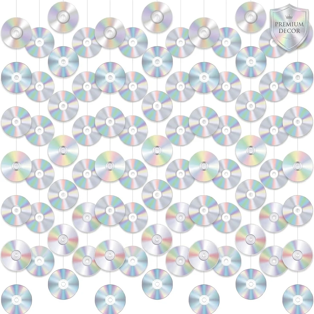 Disco Party Decorations Holographic CD Record Hanging Garland Backdrop 90s 2000s Retro Birthday Theme Streamer Wall Decor Prop