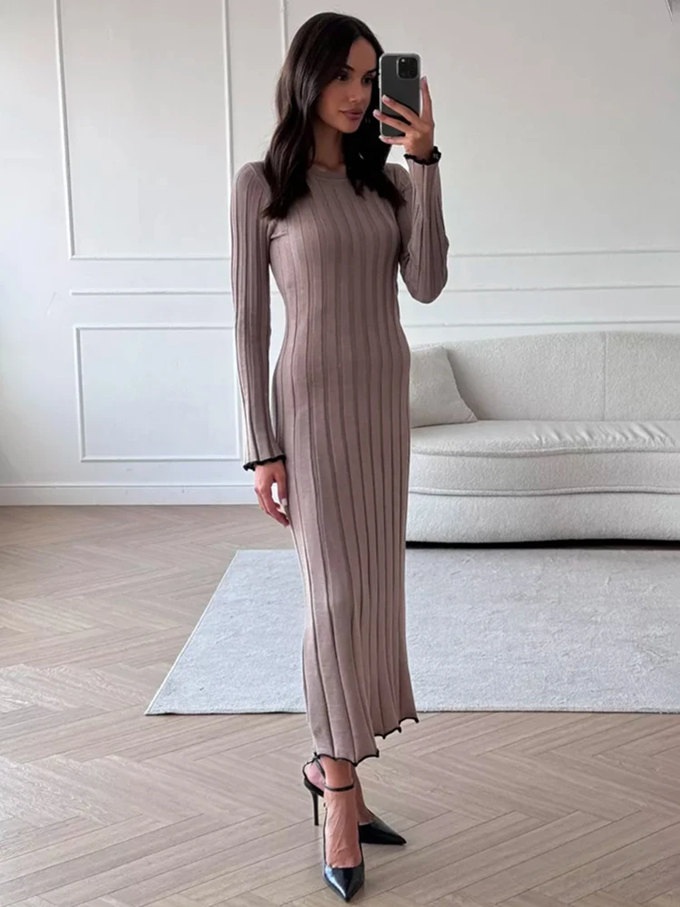 TARXUXY Long Sleeve Knitted Dress For Women Autumn Winter Slim Sexy Striped Sweater Long Dresses Female Elegant Party Clothes