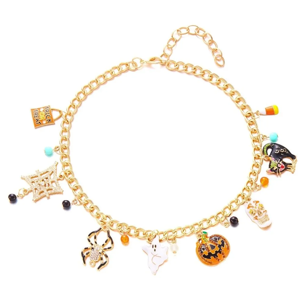 Alloy Chain Halloween Necklace Vintage Style Rhinestone Inlay Skull Pendant Lightweight Spooky Pumpkin Pendant Bracelet Party