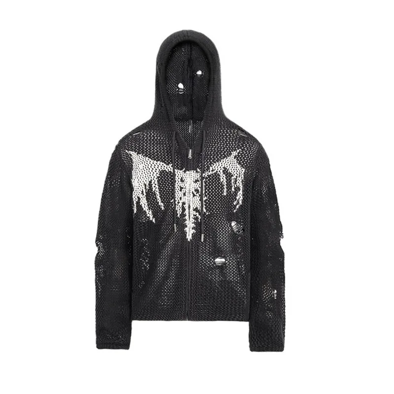HKSH Spring Autumn New Men's Trendy Dark Style Jacquard Hollow Out Hole Sweater Zipper Cardigan High Street Punk Hoodies HK13709