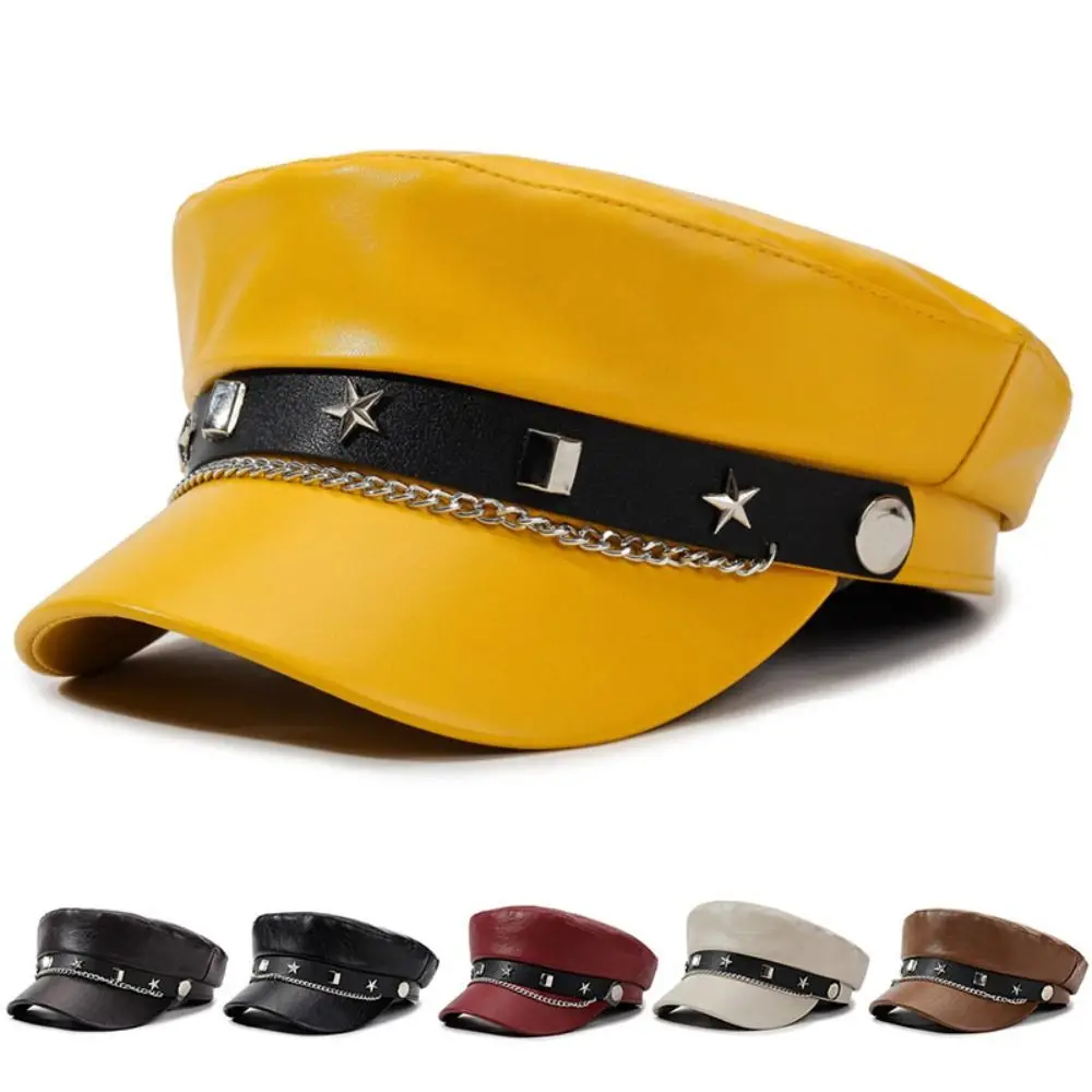 Fashion Hip-hop Star Rivet Beret Y2k Punk Flat Top Cap Metal Chain Decor Black Octagonal Cap For Women