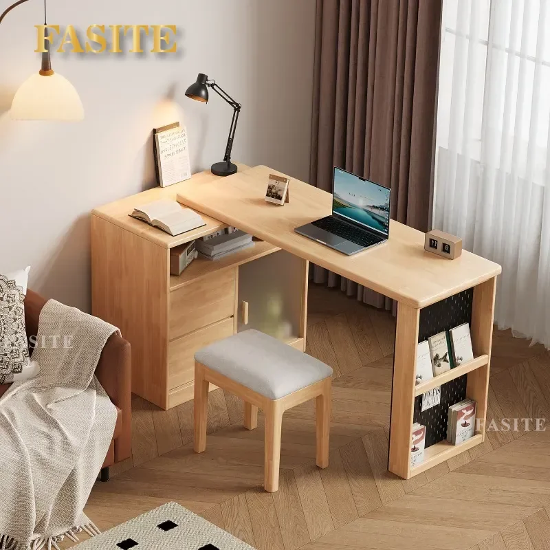 For Small Apartment Solid Wood Corner Desk with Integrated Bookcase and Bucket Cabinet Retractable Computer Study Table for
