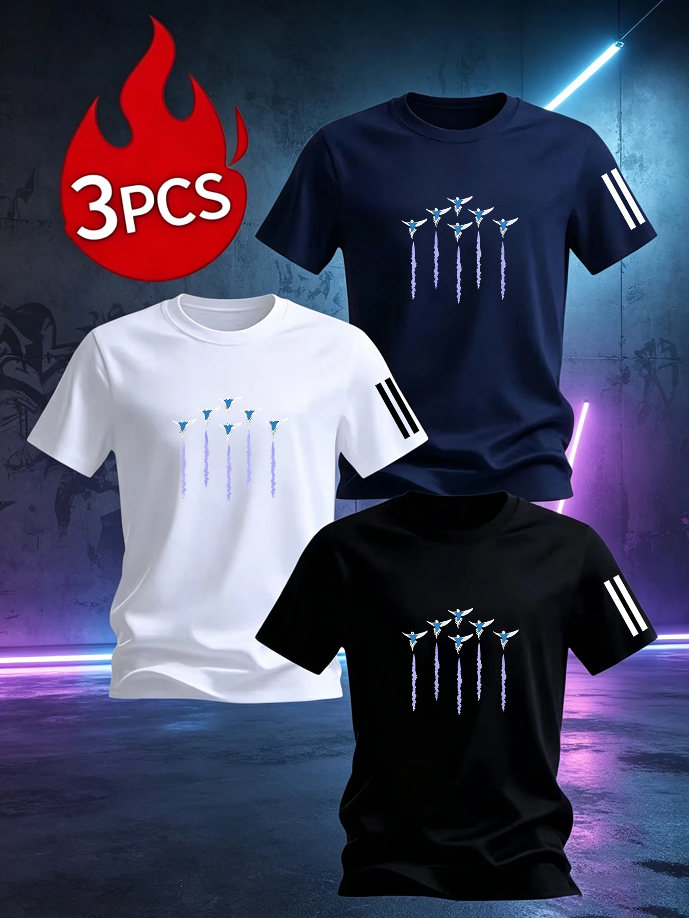 3 Pack Men Minimal Blue Flying Birds Graphic T Shirts Simple Line Crew Neck Tees