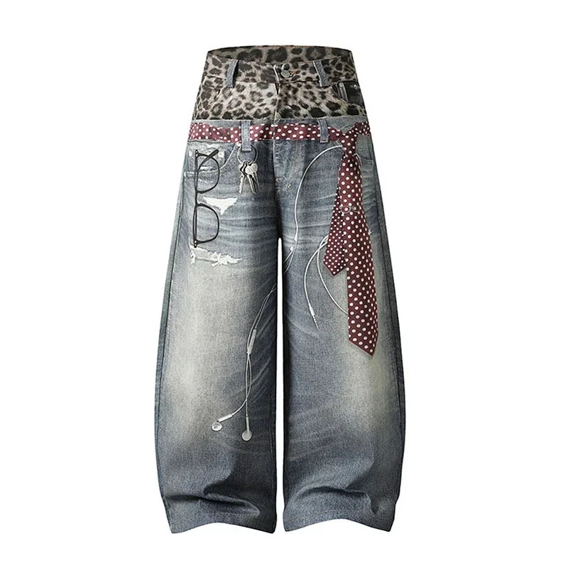 Edgy Men's Leopard Waistband Jeans Polka Dot Scarf Detail Wide Leg Baggy Fit Streetwear Casual Premium Denim Pants