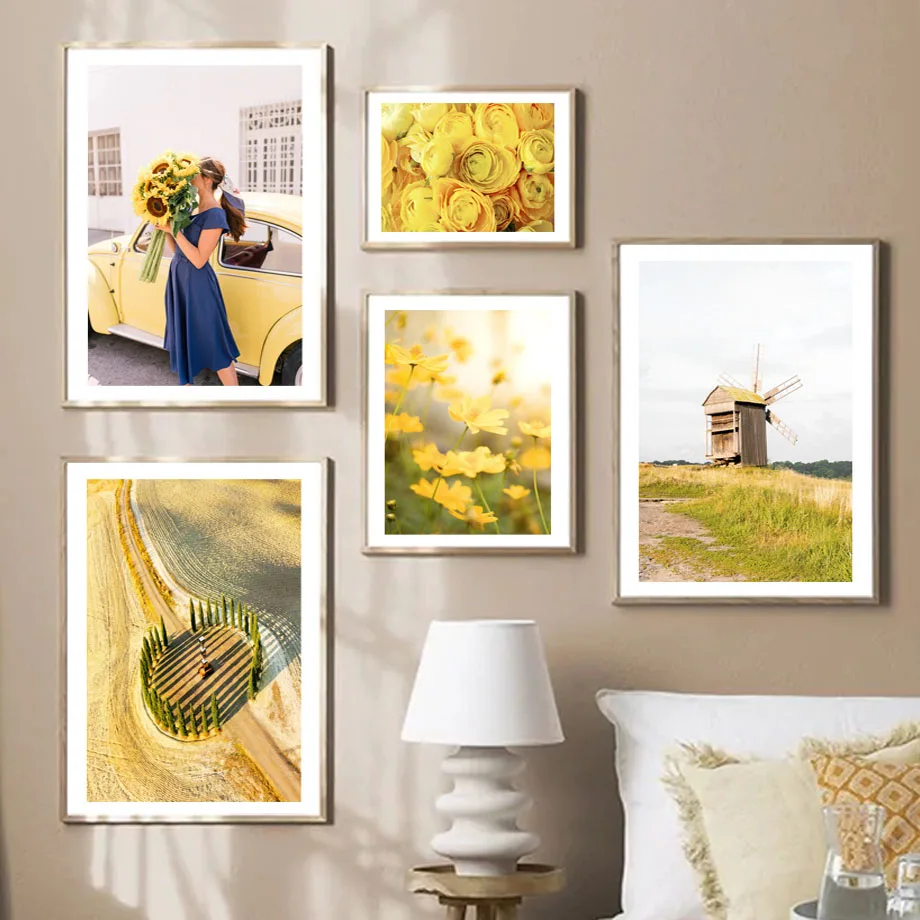 Spring Sunflower Lemon Windmill Farmhouse Yellow Flowers Scape Wall Art Aesthetics Print Canvas Painting Posters for Home Dec