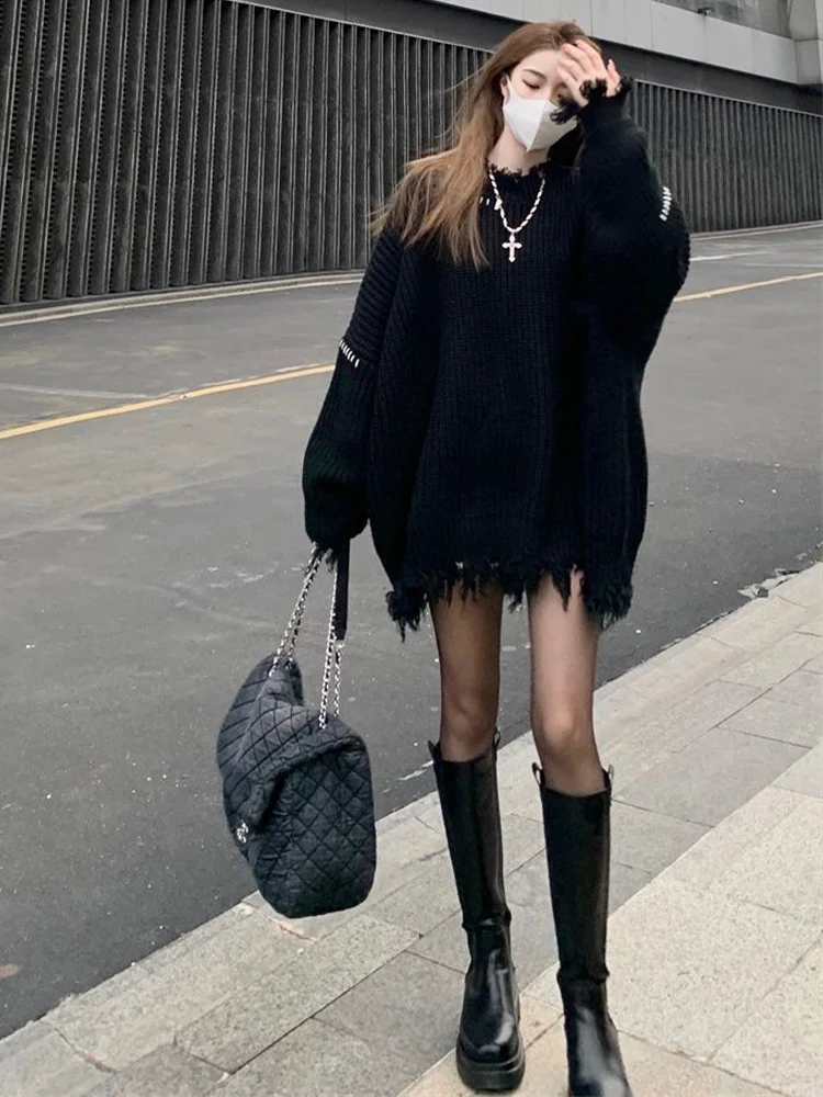 Suéteres negros Harajuku para mujer, jerséis de punto Punk de estilo gótico, jerséis de manga larga con cuello redondo, Tops de moda coreana, Otoño