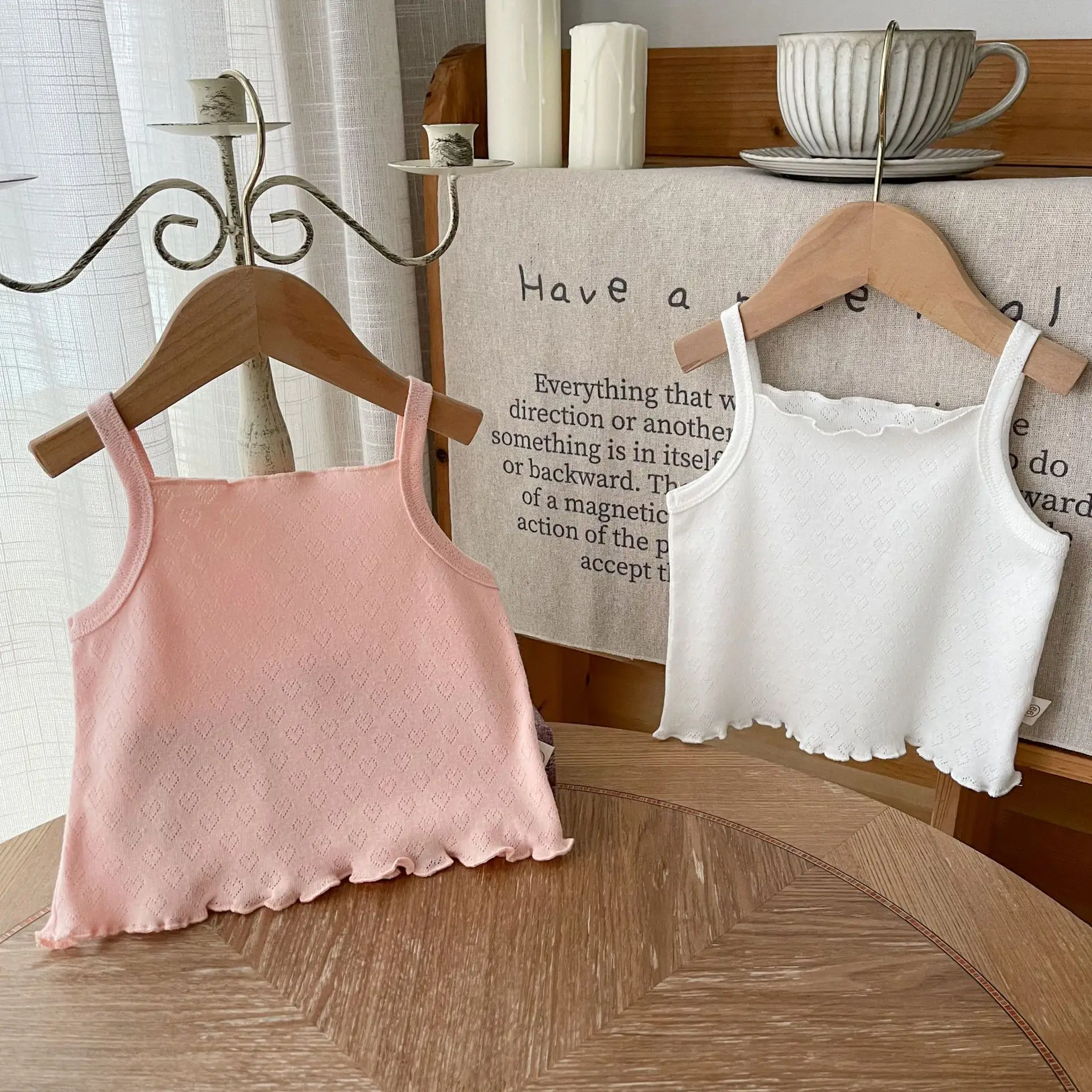 

Summer Infant Sleeveless Sling Vest Baby Girl Heart Pattern Hollow Tops Cotton Children T Shirts Kids Solid Bottoming Shirts