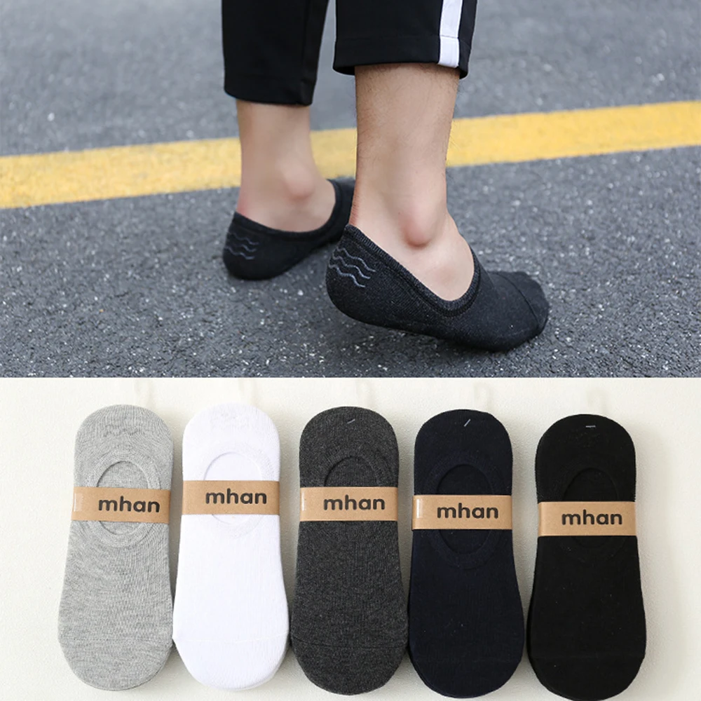 5 Pairs Men Short Socks Invisible Low Cut Ankle Cotton Thin Solid Color Anti Slip Silicone Summer Breathable Casual Socks