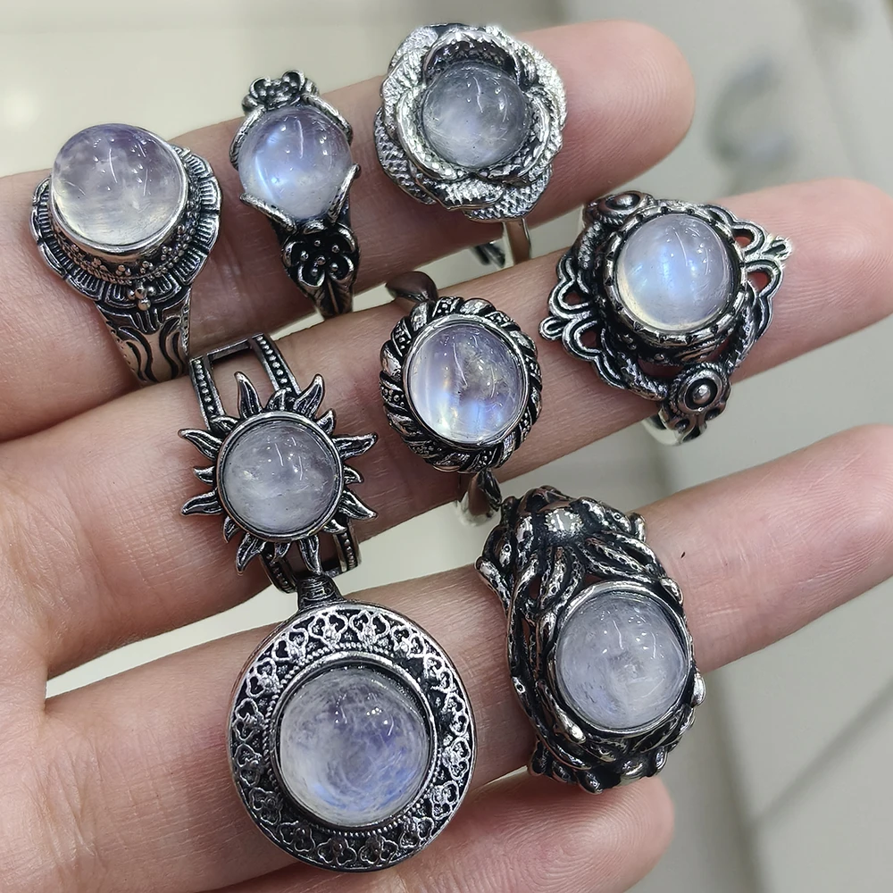 100% natural moonstone copper silver plated ring for women Adjustable style natural gemstone deluxe set plain amethyst gift