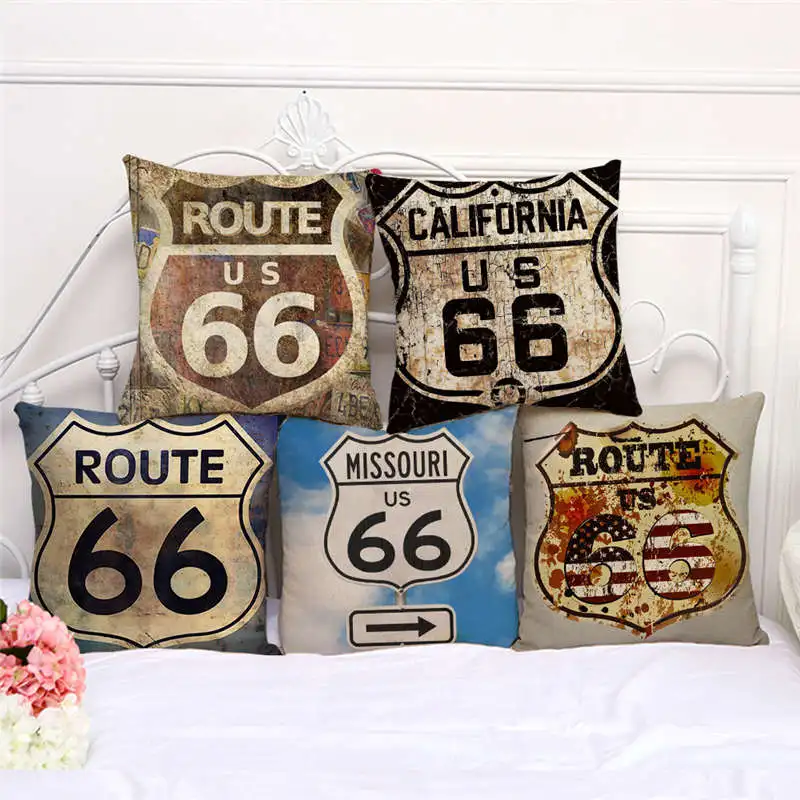 

Highway Route 66 Throw Pillow Case Vintage Cotton Linen Pillow Covers Sofa Living Room Decoration Pillowcase Home Decor 45x45