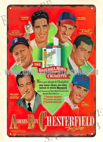 1948 Baseball Man's Cigarette Ted Williams Joe DiMaggio Stan Musial tin sign