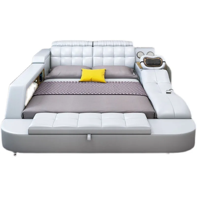 Multifunctional leather double bed, modern simple tatami electric massage soft 1.8-meter wedding bed
