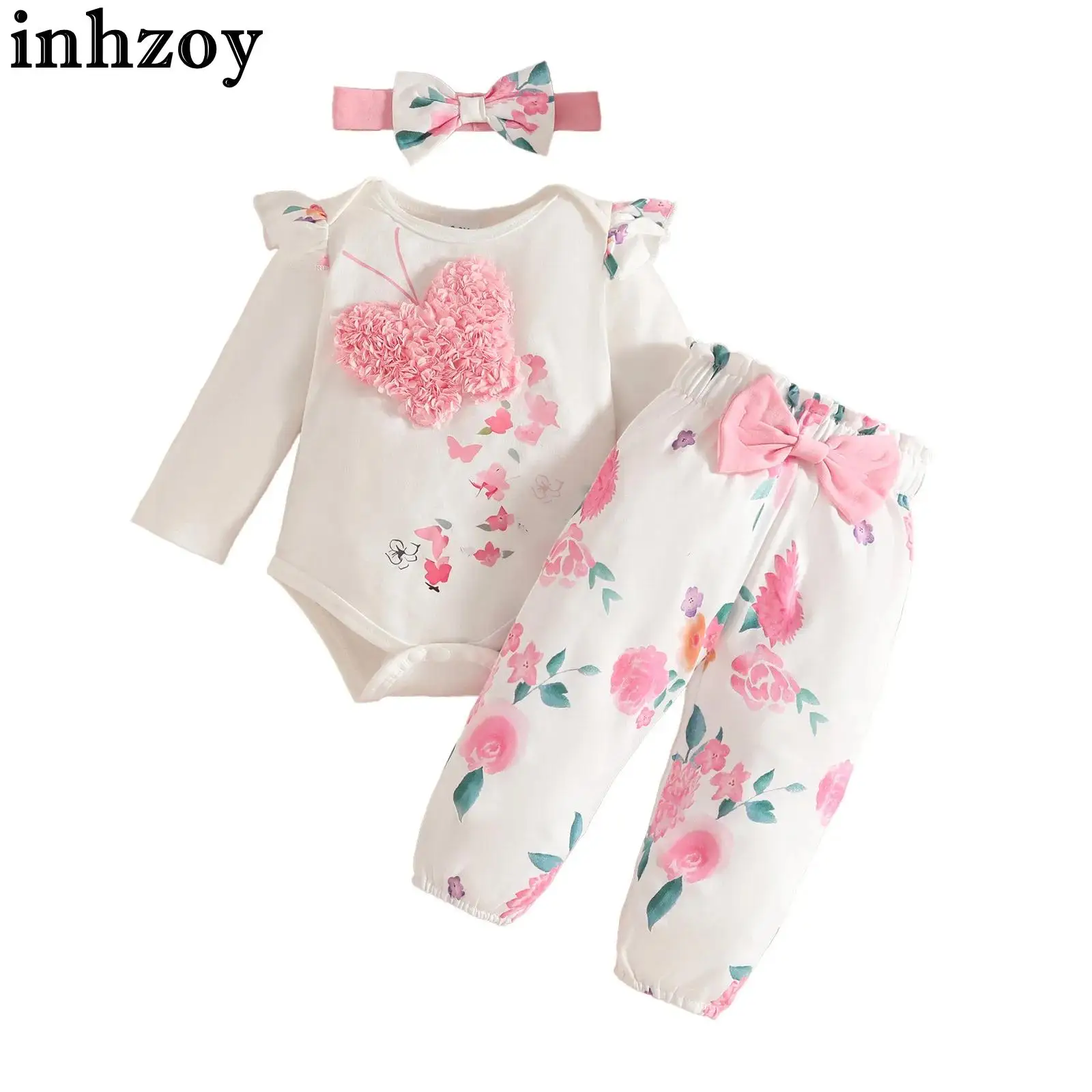 

Милый милый повседневный наряд для маленьких девочек на весну и осень, комбинезон с длинными рукавами и бабочкой, штаны с бантом и цветочным принтом, комплект с повязкой на голову