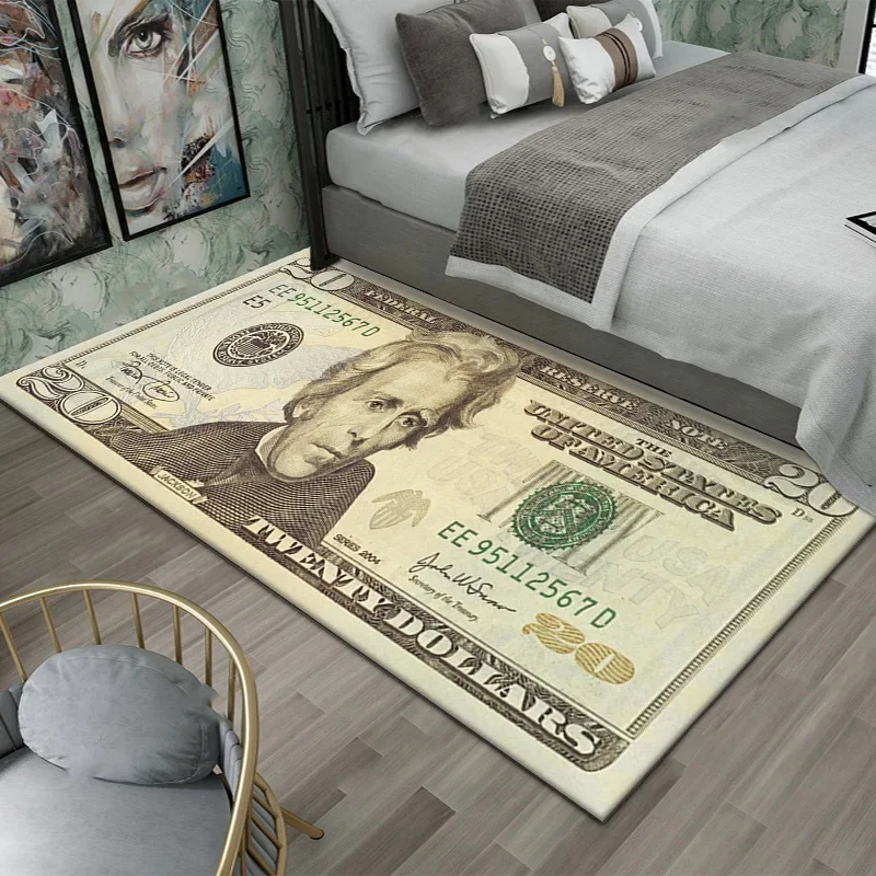 VIKAMA Creative Dollar Printed Carpet Anti-Slip Bedroom Side Rug Easy to Clean Game Room Dormitory Floor Mat Home Decoration