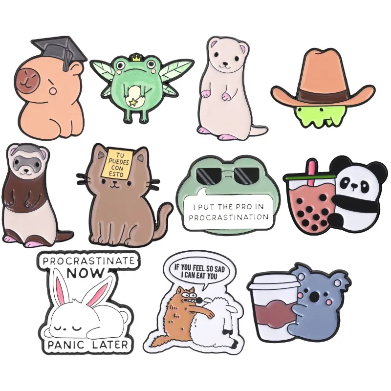 11styles Kawaii Ferret Enamel Pins Fairy Frog Cowboy Capybara Brooch Cat Panda Coffee Lapel Badge Jewelry Gift For Friends