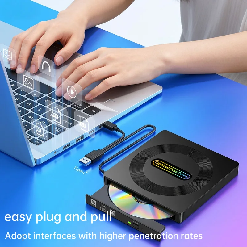 Deepartner Multifunction DVD Player High Speed Data Transfer 7-in-1 Optical Drive USB 3.0 Type-c External Portable CD/DVD Reader