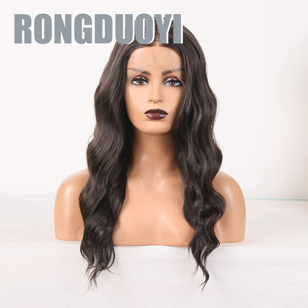 RONGDUOYI Dark Brown Body Wave Synthetic Lace Front Wigs Middle Part Water Wavy Fiber Lace Frontal Daily Makeup Women Brown Wig