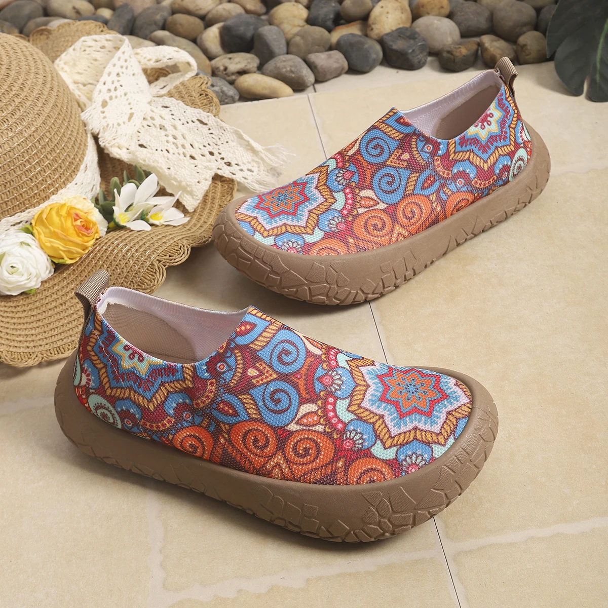 Women Mesh Slip On Sneakers Summer Bohemian Mandala Print Thick Anti Slip Platform Casual Daily Walking Shoes 4 Colors Available
