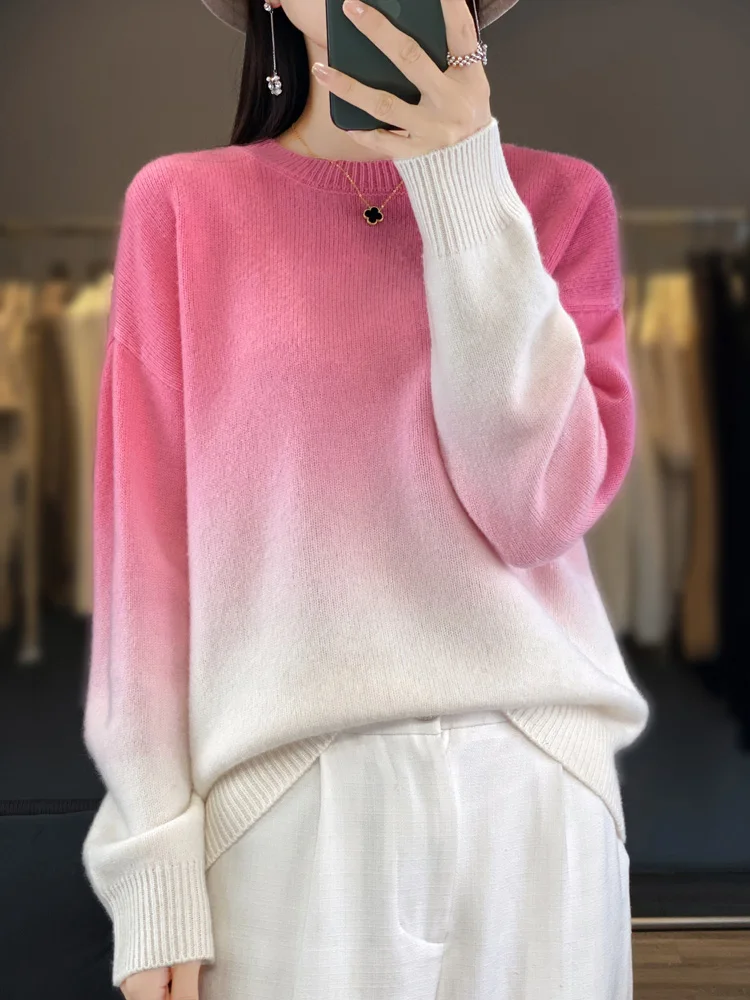 2025 New Women's Basic O-neck Gradient Pullover Sweater 100% Merino Wool Autumn Winter Casual Soft Warm Base Knitted Top