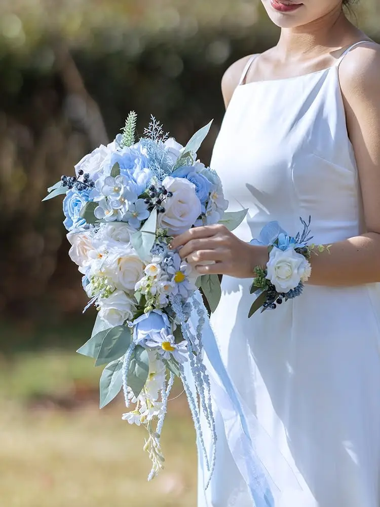 YeeNanee Blue Casading Wedding Bouquets for Bride Handmade Silk Waterfall Bridal Bouquet for Rustic Wedding Ceremony Decoration